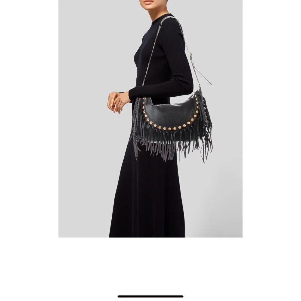 Valentino C-Rockee Fringe Hobo Black Leather Shoulder Bag With Gold Studs